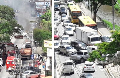 Carro pega fogo próximo à Praça do Suspiro e dá nó no trânsito em Nova Friburgo